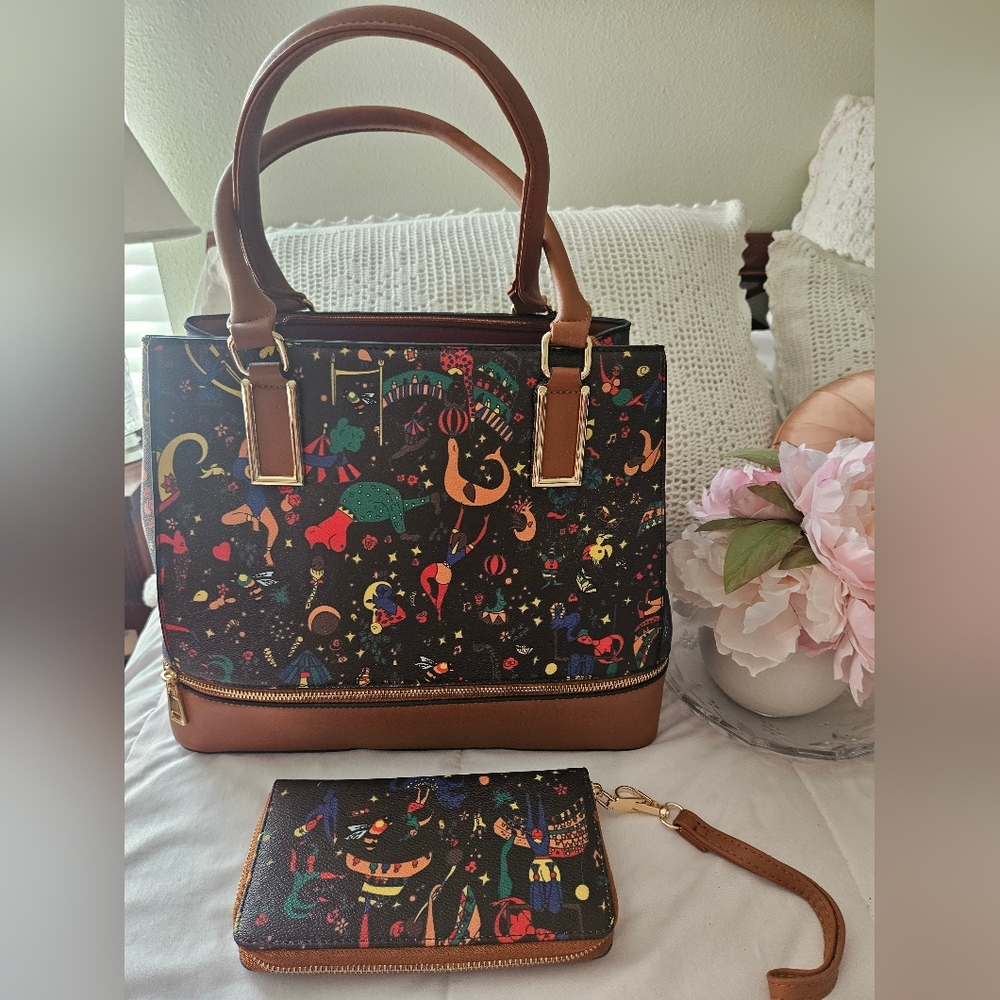 NWT Colorful Patterned Tote Bag Brown Red with Matching Wallet